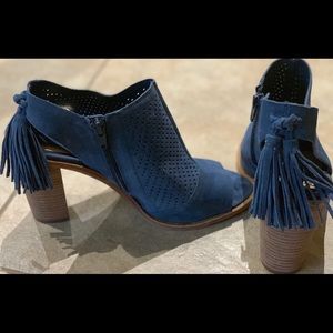 Tasseled Denim peep toe ankle booties